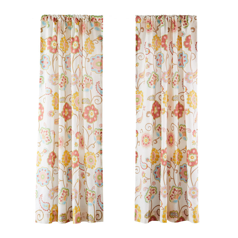 Wide Red Cotton Jacobean Floral Room-Darkening Curtain Panel