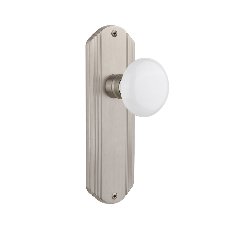 Deco Plate with White Porcelain Door Knob, 2-3/4”, Satin Nickel