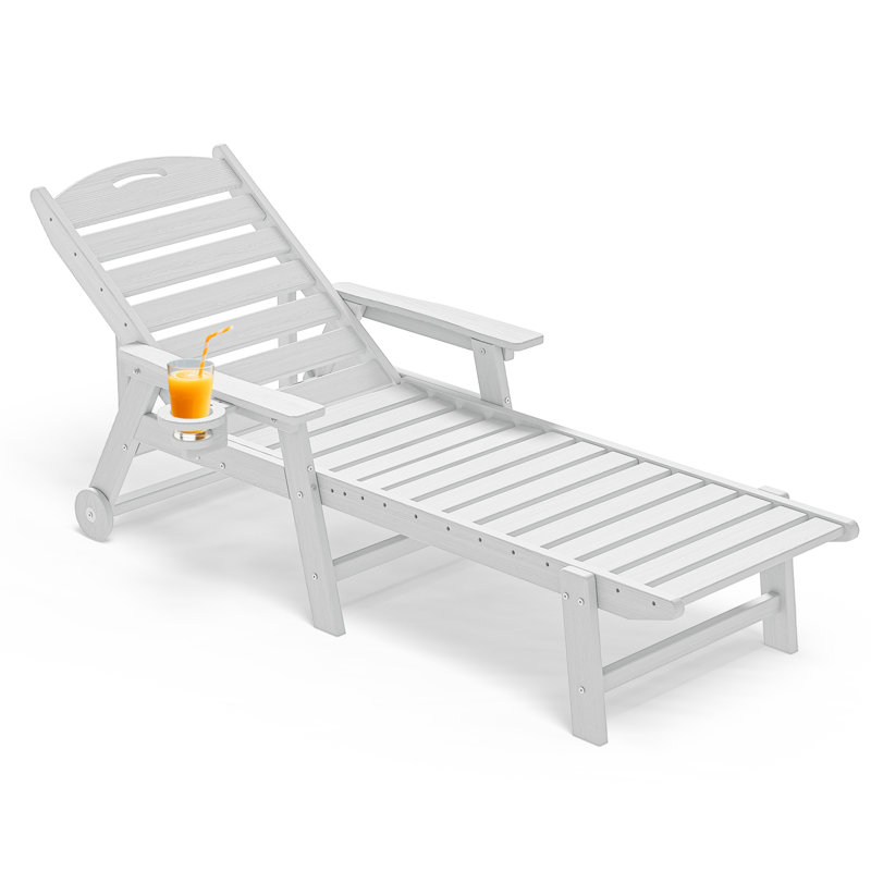 HDPE Outdoor Chaise Lounge, 5‑Position Adjustable Recliner with Rolling Wheels & Built‑In Cup Holder, Weather Resistant for Patio, Pool, Garden & Backyard