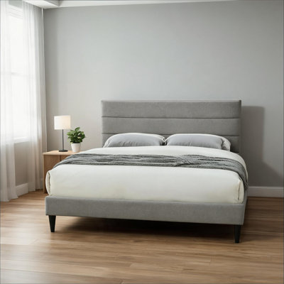 Upholstered Channel Stitched Full Size Platform Bed with USB Charging Ports, Soft Gray Polyester Fabric