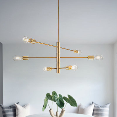 Foresti 6-Light Modern Farmhouse Brass Linear Chandelier Industrial Sputnik Lighting Fixture