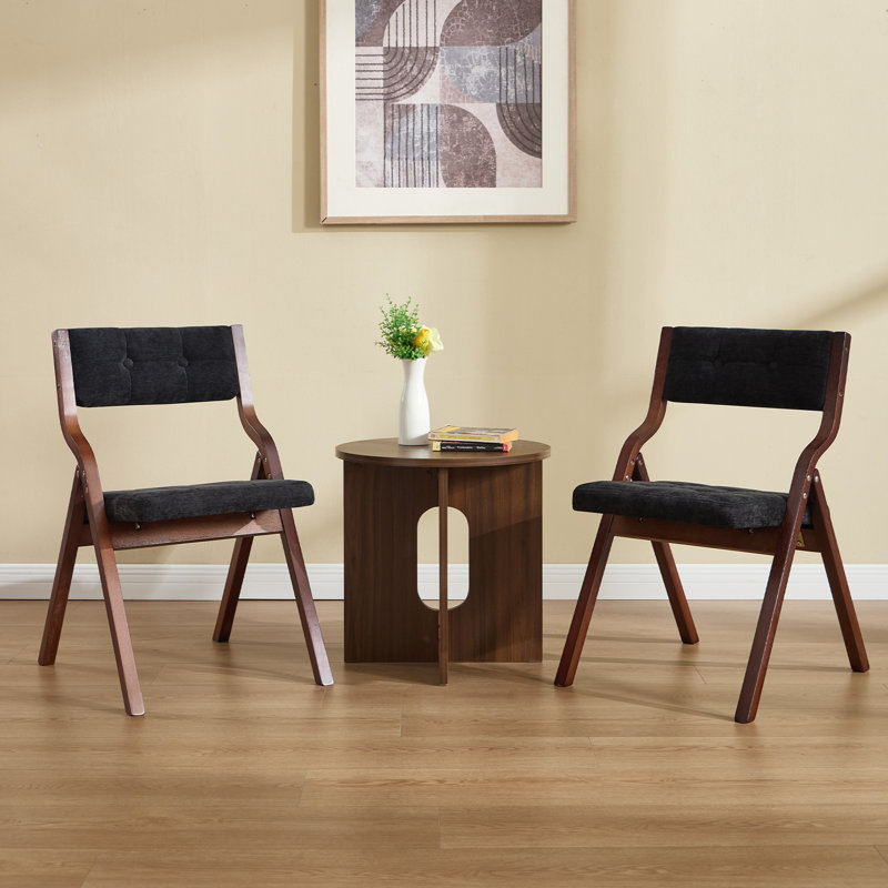 Elegantly Designed Foldable Chair With Solid Wood Frame And Button-Tufted Upholstered Backrest And Seat, Black/Walnut