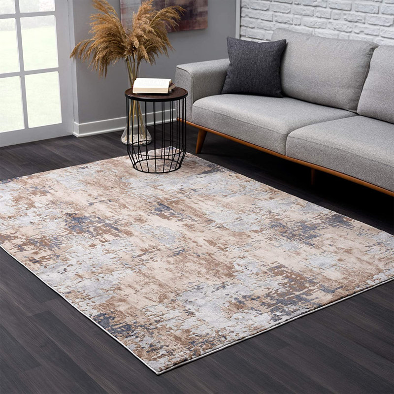 Tapis abstrait beige et ivoire 7 pi x 10 pi, Rectangle de 5 pi x 8 pi