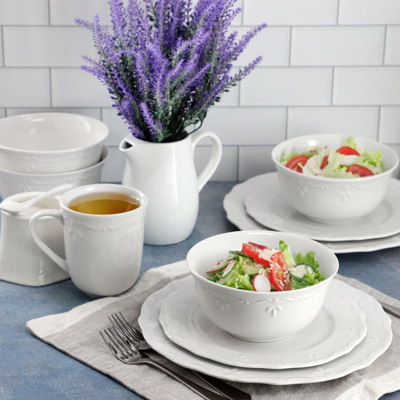 Service de table en porcelaine blanche 16 pièces pour 4 personnes, assiettes à rebord, bols et tasses, vaisselle élégante allant au micro-ondes et au lave-vaisselle pour un usage quotidien et formel