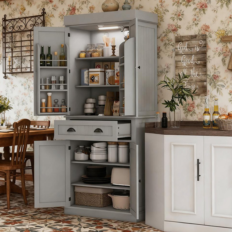 Armoire de cuisine de style moderne avec lumières DEL, tablettes de porte, tiroir et tablettes réglables, Gris