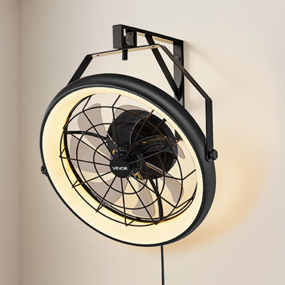 Vevor 22 Inch Wall Mounted Fan With Light Remote 6 Speed For Patio Workshop In Black