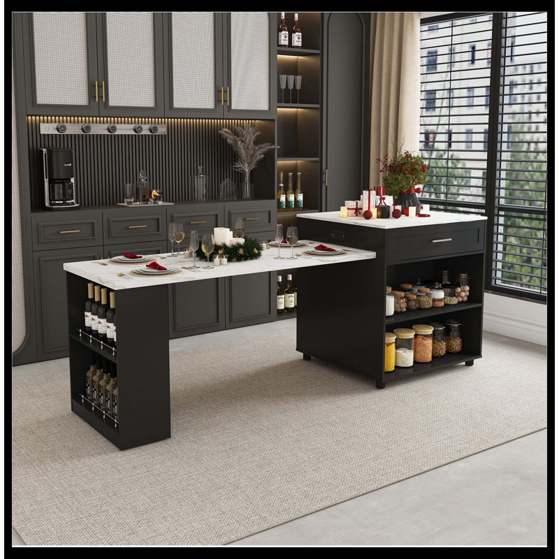 80" Expandable Kitchen Island With Dining Table, Marble-Grain Countertop & Power Outlet, Mobile Storage Cart With Cabinet & 2 Drawers, Black