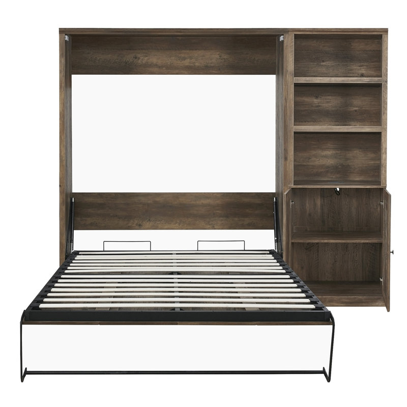 Lit escamotable avec bureau Kailer, Grand, 1 Bed, 1 Side Cabinet Storage Shelf, Brun