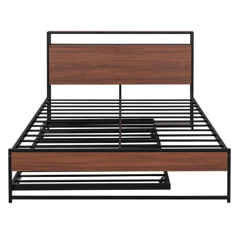 Structure de lit plateforme en métal avec ports USB gigogne et support de lattes sans sommier, Noir
