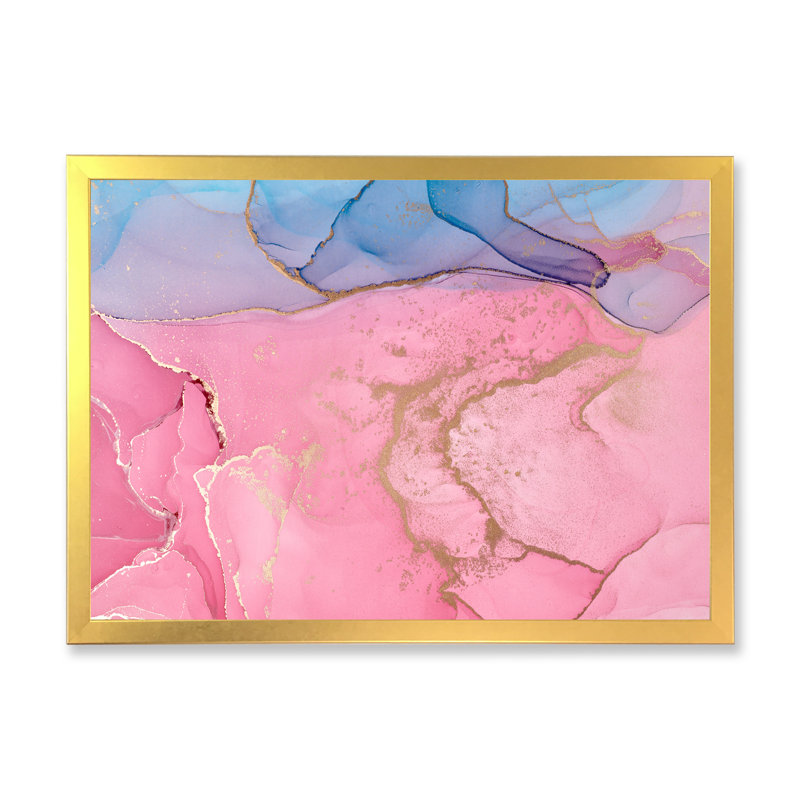 Art à l'encre rose rose avec horizon bleu - reproduction sur toile, H 30 po x l 40 po, Toile à cadre d'angle fermé doré