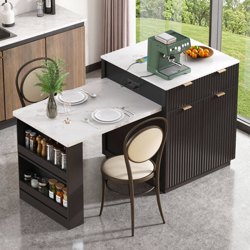 Fluted Kitchen Island With Extendable Dining Table, Power Outlet,  Double-side Storage, 2 Drawers And 2 Side Open Shelves