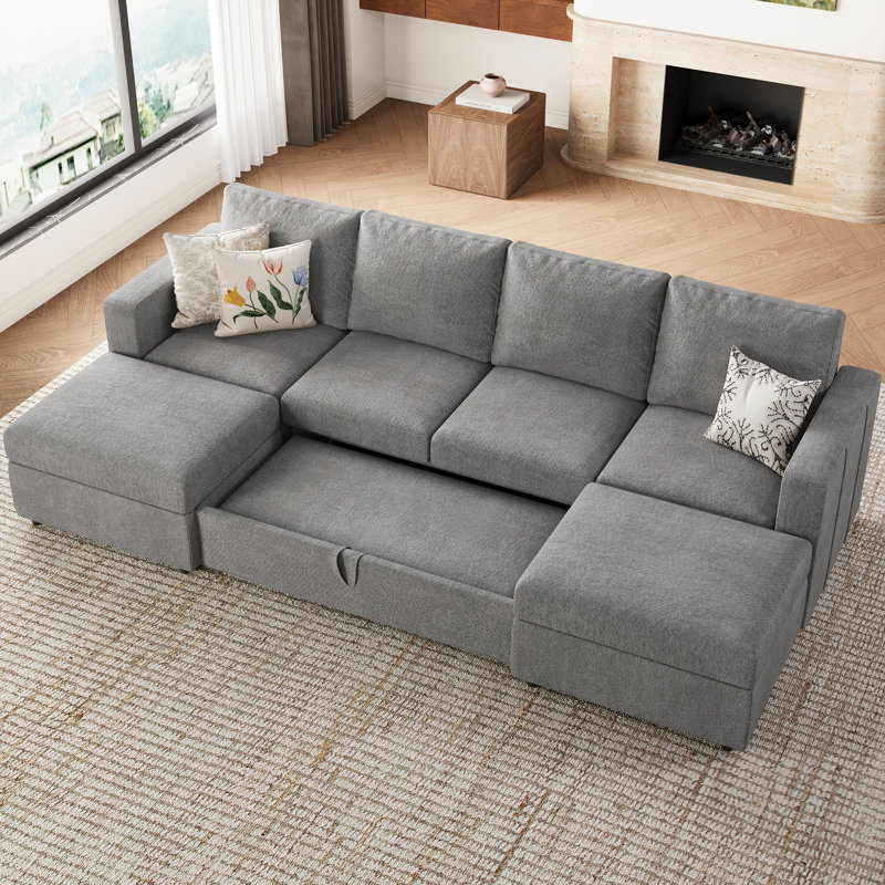 Rafael U Shaped Sofa Set Convertible Large Pull out Sofa Bed Livingroom Sleeper Modular Sectional Couch With Storage Ottoman