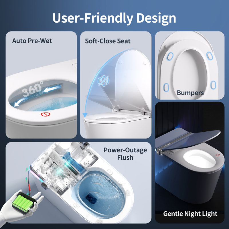 Toilette intelligente de luxe avec bidet DeerValley: couvercle à ouverture / fermeture automatique, écran en mousse, réservoir intégré et pompe pour basse pression, 17,5 po de hauteur ADA en blanc