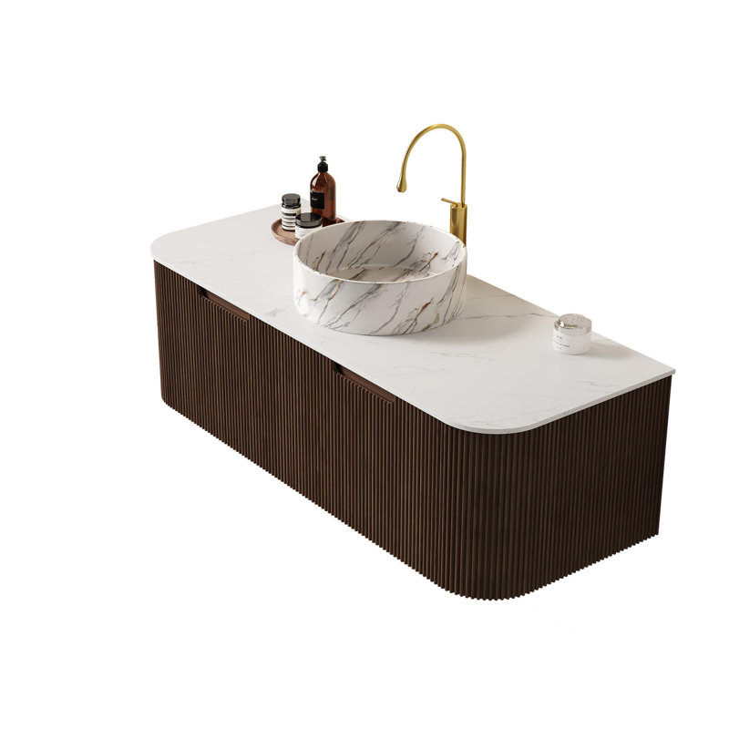 Meuble-lavabo de salle de bain 48 po avec lavabo, lavabo mural à bords courbés et rayés avec 2 tiroirs, lavabo rond en céramique blanc avec motif de pierre, pré-assemblé