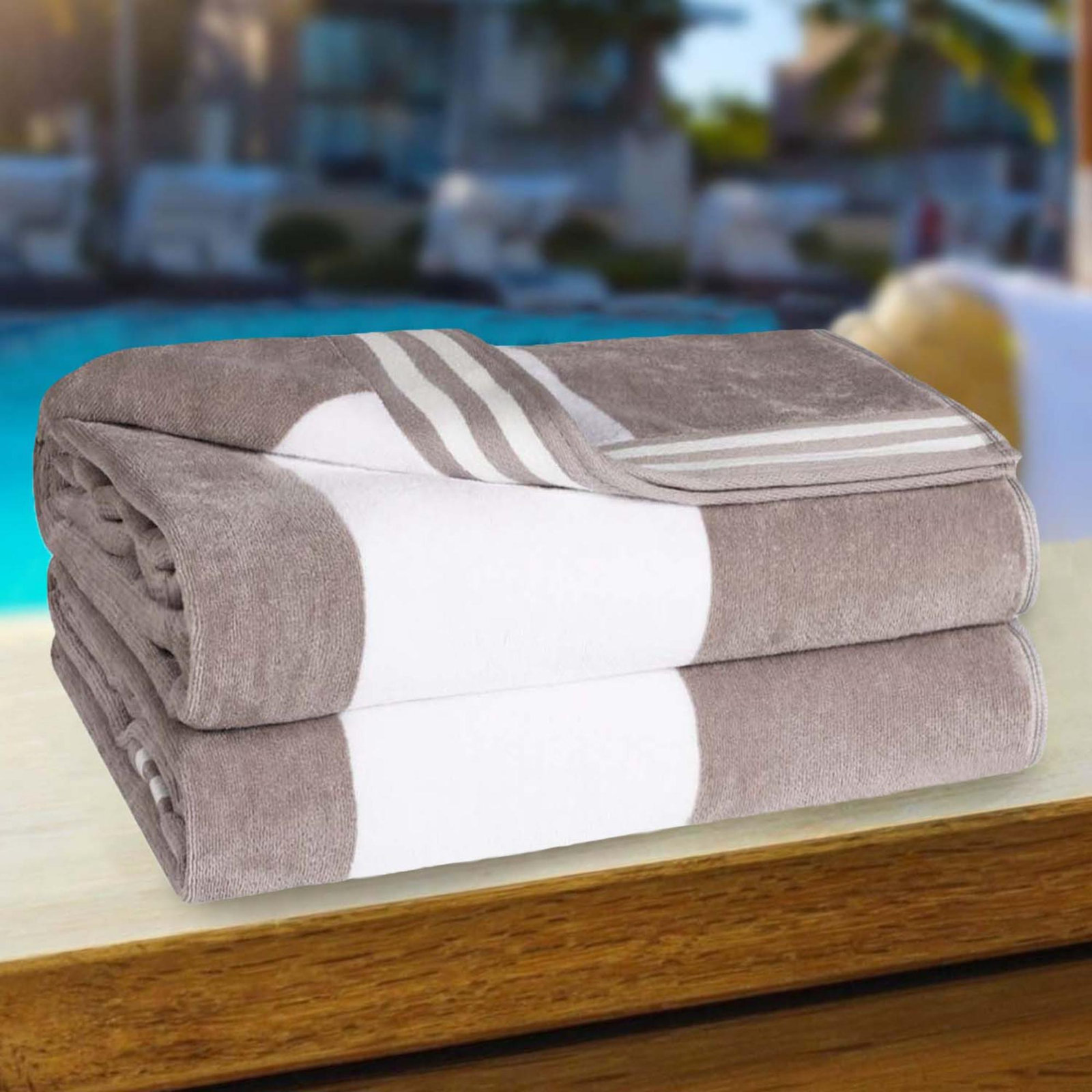 Calheta Cotton Oversized Cabana Stripe Beach Towels, Light Gray, 2