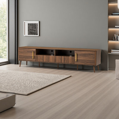 Meuble télé 78 po pour téléviseur de 85 po ou moins, meuble télé moderne avec portes à fermeture en douceur, tablette ouverte, console multimédia avec gestion des câbles