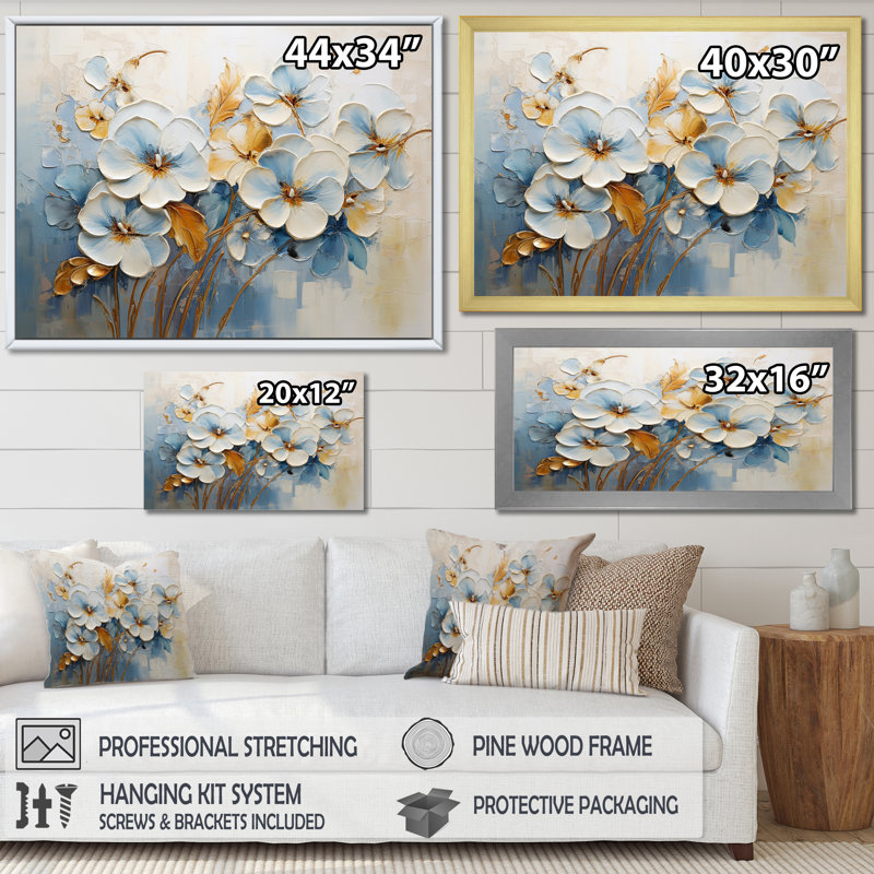 «White and Blue Pansies Garden I», reproduction sur toile, Cadre flottant blanc, H 34 po x l 44 po x P 1,5 po