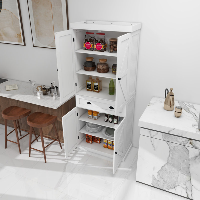 Garde-manger 71 po blanc. 4 portes, tiroir, 2 tablettes réglables. Maximise le potentiel de rangement pour la cuisine, le salon et la salle de lavage. Dans les espaces