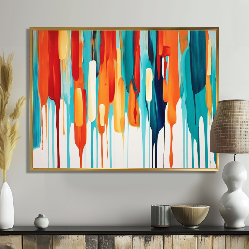 «Vertical Paints Drippings Red Blue Orange», reproduction d'art murale abstraite, Cadre flottant doré, H 12 po x l 20 po