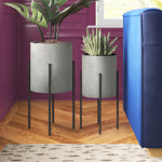 2 Piece Metal Textured Minimalistic Indoor Outdoor Planter with Black Removable X-Stands Set