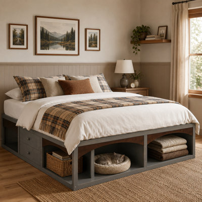 Très grand lit plateforme rétro gris minimaliste sans tête de lit, avec tiroirs et bande lumineuse à DEL, conception adaptée aux animaux de compagnie sans base de lit.