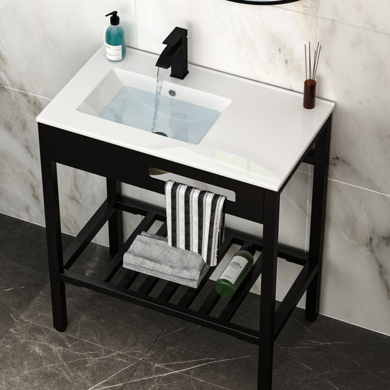 Lavabo de salle de bain mural 32 "x 18,5" avec trop-plein, pieds de support en acier inoxydable noir 304, hygiénique et facile à nettoyer, teinture compatible avec plusieurs environnements, installation