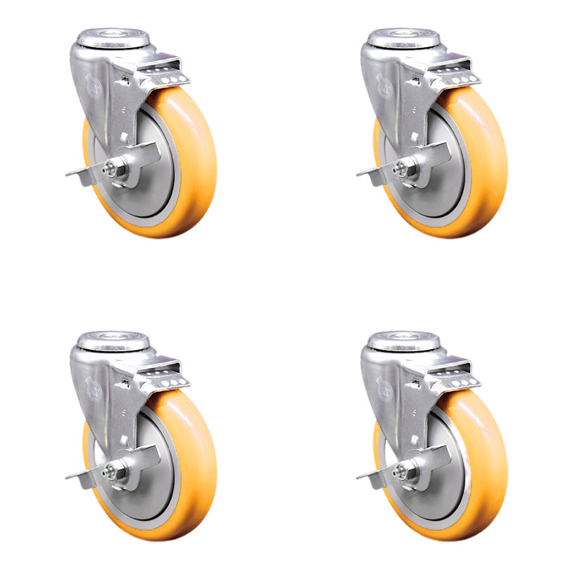 Ensemble de roulettes pivotantes en polyuréthane avec trou de roue 5 pouces avec frein SCC, Jaune