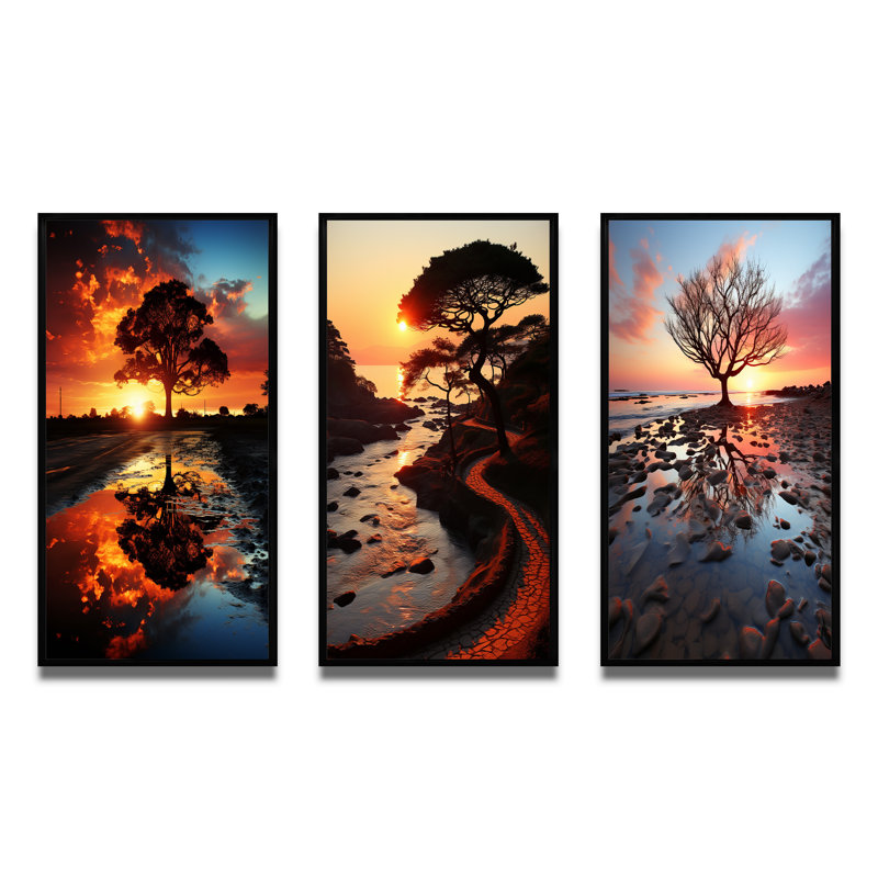 «Silence Of The Single Tree At Stunning Sunset», 3 pièces sur toile, Cadre flottant noir, H 36 po x l 20 po
