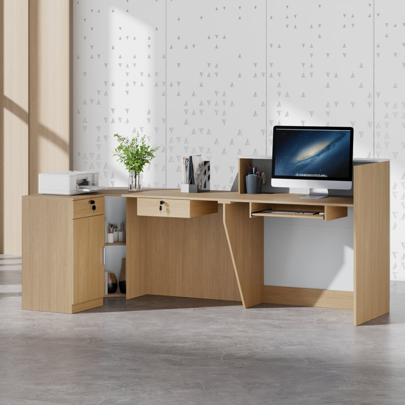 Grand comptoir de réception en L avec grille en bois, comptoir de réception moderne avec tiroirs verrouillables, rangement et plateau à clavier, pour caisse, hall d'entrée, bureau