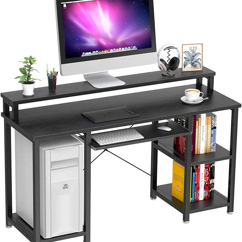 Modern Home Office Computer Writing Study Desk with Storage Shelves and Keyboard Tray, Black/Black