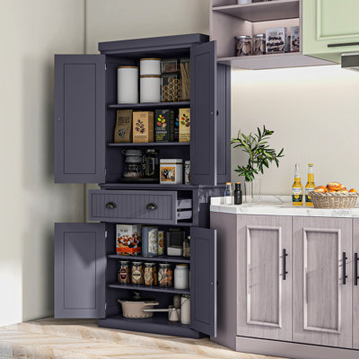 Garde-manger autoportant de 72 po, armoire de rangement haute avec 4 portes, tiroir, 3 tablettes réglables, bleu marine pour le rangement du garde-manger, tiroir et tablettes