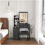 Ce meuble-lavabo moderne comprend 3 modes d'éclairage DEL à luminosité réglable, 4 tiroirs et plusieurs tablettes de rangement ouvertes, un porte-sèche-cheveux et une prise de courant, ainsi qu'un fauteuil. Noir-133578652