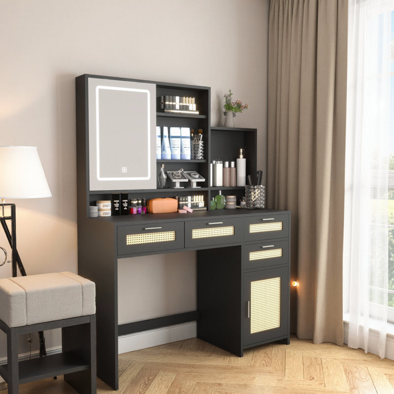 43" Rattan-Accent Vanity – 3-Color LED Mirror, 4 Deep Drawers, Sliding Cabinet, Hidden Back-Of-Mirror Storage, Nightstand Mode