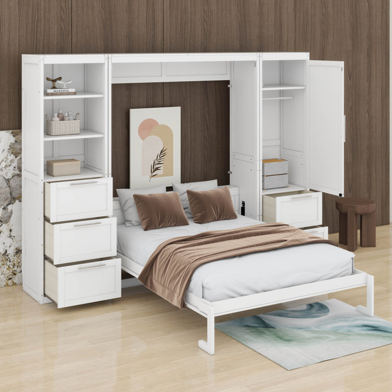Grand lit escamotable avec tiroirs et tablettes, Blanc