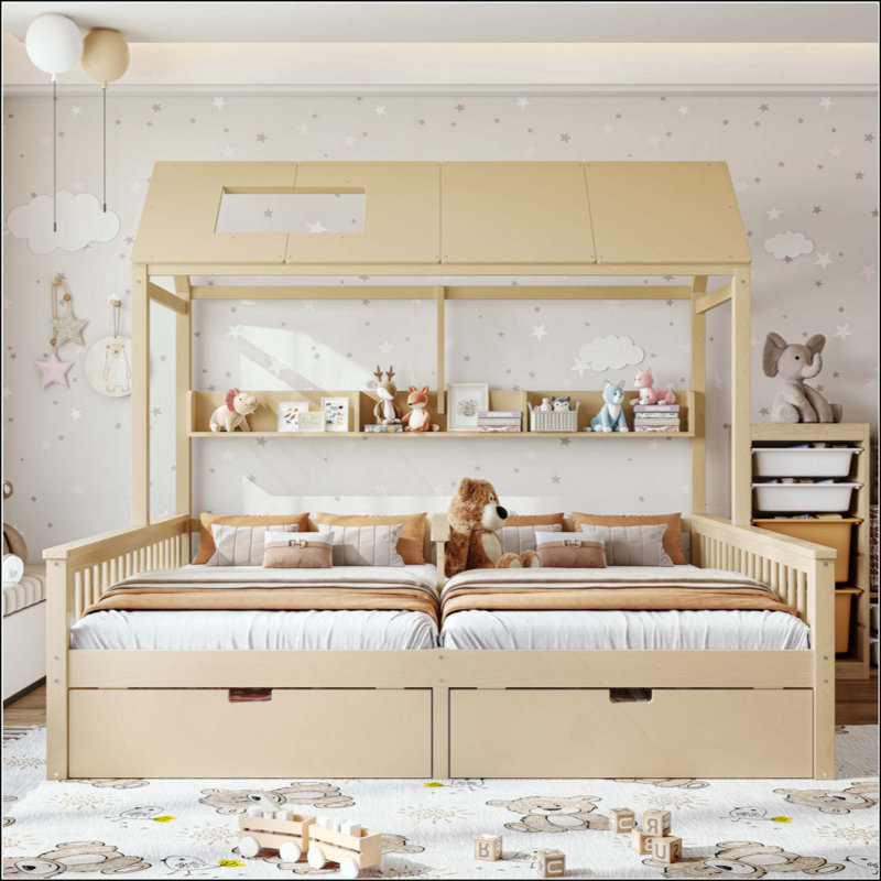 Lit plateforme avec tablettes et tiroirs de rangement, lit plateforme avec lattes de soutien, conception enfantine et maisonnette