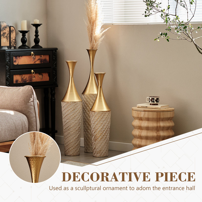 Ensemble de 3 vases de sol en métal faits à la main, couleur champagne doré et blanc texturé, vases hauts pour la décoration du salon