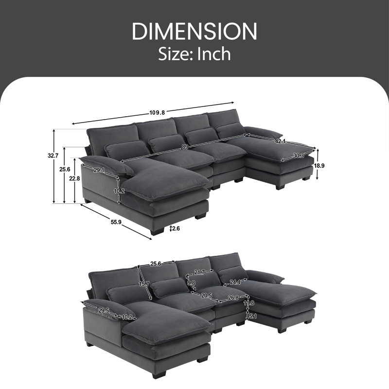 Upholstered U-Shaped Sectional Symmetrical, Gray Velvet