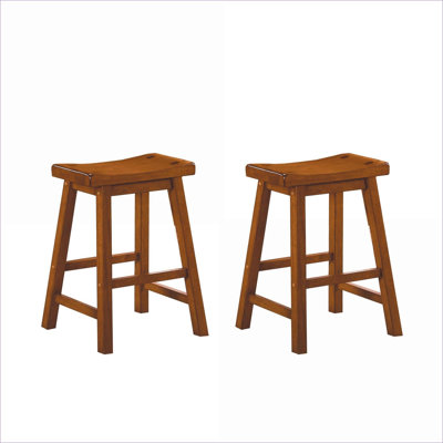 Set of 2 24-Inch Counter Height Saddle Seat Dining Chairs, Solid Wood Tan Brown Oak Finish Stools for Kitchen, Adults