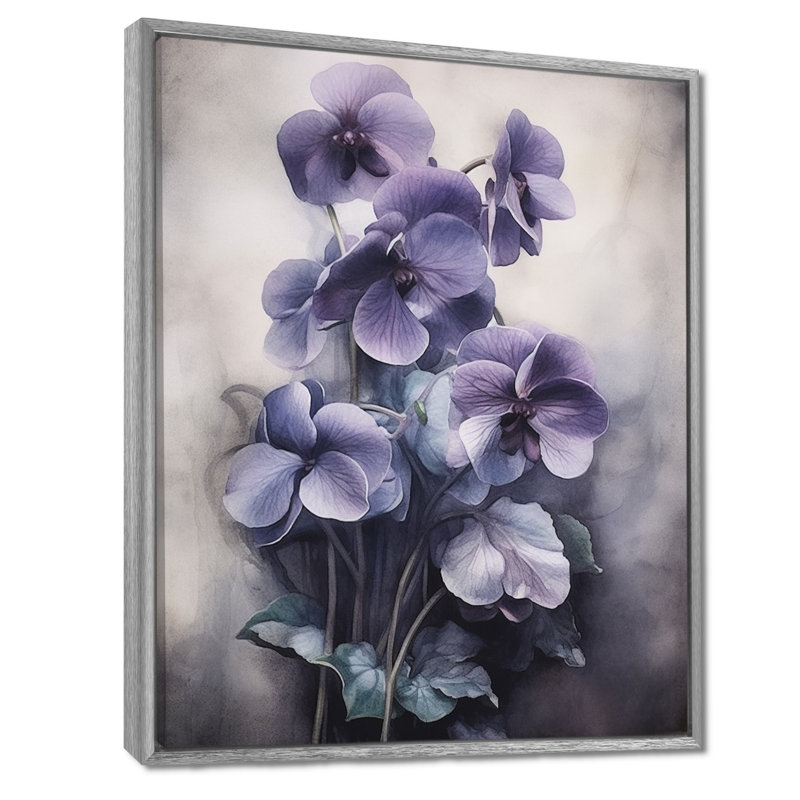 Mauve gris, violettes, rêve II - art mural floral, H 32 po x l 16 po x P 1 po, Cadre argenté flottant