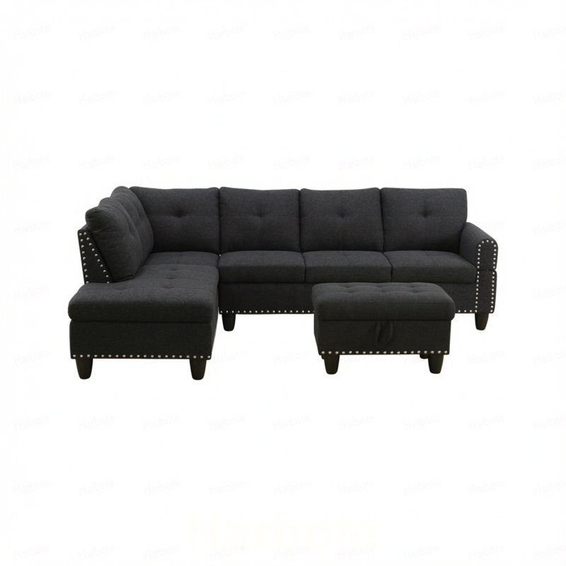 Canapé modulaire en L 3 pièces en L gris et gris avec repose-pieds et porte-gobelets (méridienne gauche)