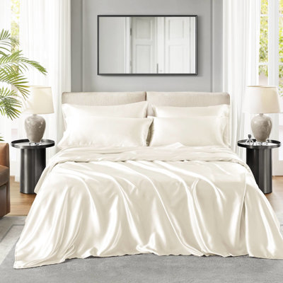 Drap-housse pour lit simple 100% satin 4 pièces - froissé, texture lisse, doux pour la peau et les cheveux, frisottis apprivoisés, réduire les bris, sans boulochage, peau douce, taies d'oreiller à bout ouvert, ajusté pour matelas de 16 po, luxe jusqu'à