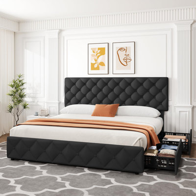 Structure de lit très grand avec 4 tiroirs de rangement et tête de lit réglable, lits plateforme en tissu d'ameublement en lin, capitonnage à boutons à coutures losangées, aucun sommier nécessaire, noir