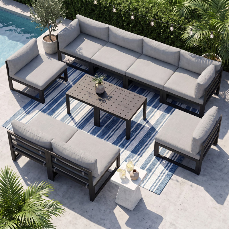 Gillean 8 - Person Modern Aluminum Outdoor Sectional Seating Group with Cushions & Coffee Table, Rust-Resistant Patio Conversation Set