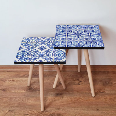 Elegant Navy Blue & White Nesting Table Set (2 Pieces), 13.8 x 18.5 x 13.8 in. | 100% MDF with Beech Wood Legs, Thickness: 0.7 in. | Stylish Oriental Geometric Design, Perfect for Modern Living Spaces & Home Decor