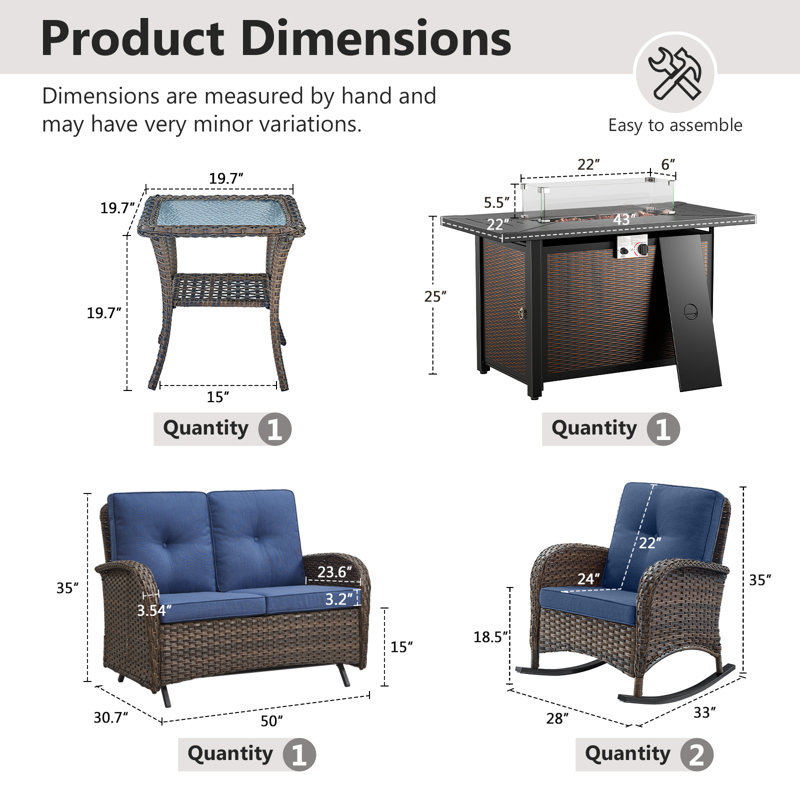 Aluel 5-Pieces Outdoor wicker patio Conversation Set with Gliding Loveseat and Rectangular Fire Pit Table with Windshield