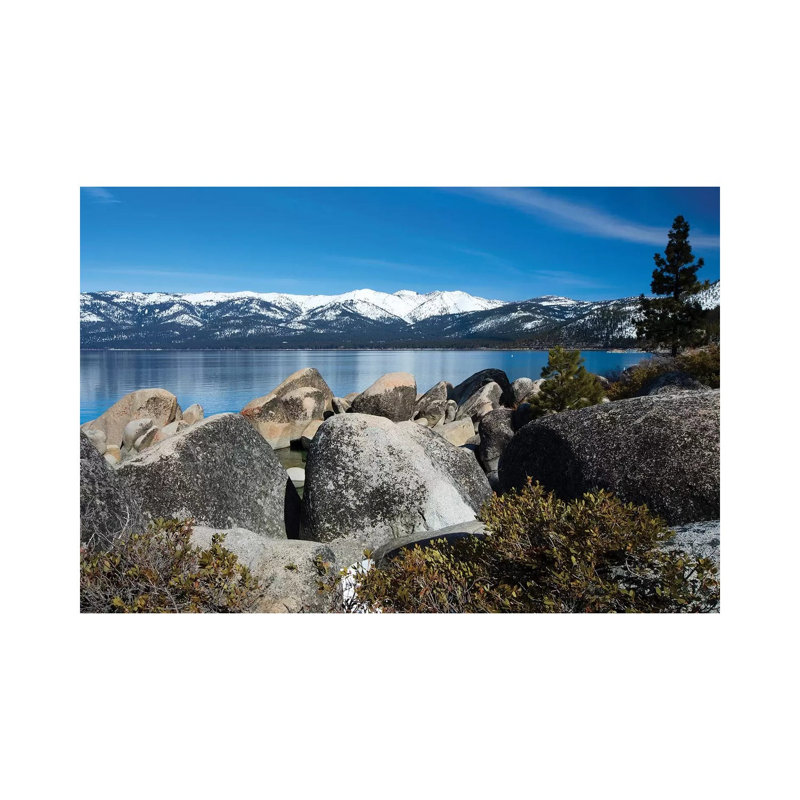 Rocks At The Lakeshore With Mountain Range In The Background, Lake Tahoe, California, USA - Wrapped Canvas Print