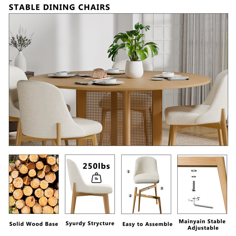 Round Wood Dining Table Chair Set, Natural, 30" H x 60" L x 60" W