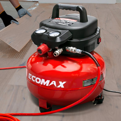 Compresseur d'air ECOMAX 6 gallons (22,7 litres), 175 PSI (12 bars), débit de 3 CFM (86 l/min) à 90 PSI (6,2 bars), tuyau de 7,6 m, pompe sans huile, double raccord rapide, compresseur de 1,5 CV pour outils pneumatiques, pneus de voiture, garage et atelier.