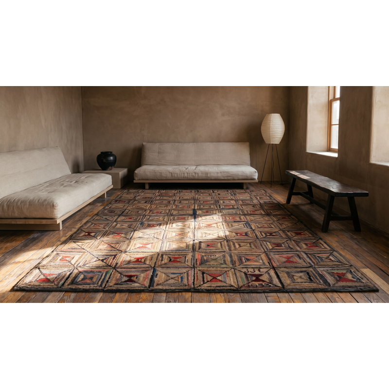 Antique Geometric Pattern American Hooked Area Rug