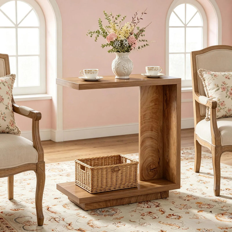 Table de bout en bois en forme de C avec 2 tablettes de rangement ouvertes, table de chevet épaisse en MDF et table de chevet imperméable anti-rayures pour le salon Chambre à coucher